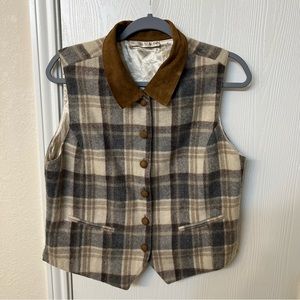 Vintage Academic Brown Plaid Wool Multi-Color Vest w/ Buttons, Women's Size M
